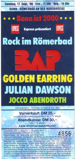 Golden Earring show ticket Bonn (Germany) - Sporthal Römerbad an der Nordbrücke